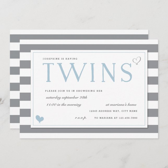 Grey & White Stripe Twins Baby Shower Invitation (Front/Back)