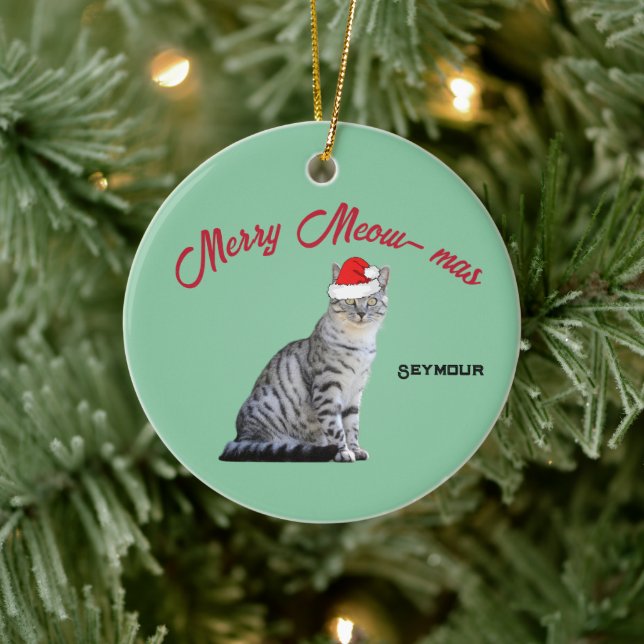 Grey White Striped Cat wearing a Santa Hat    Ceramic Tree Decoration (Tree)