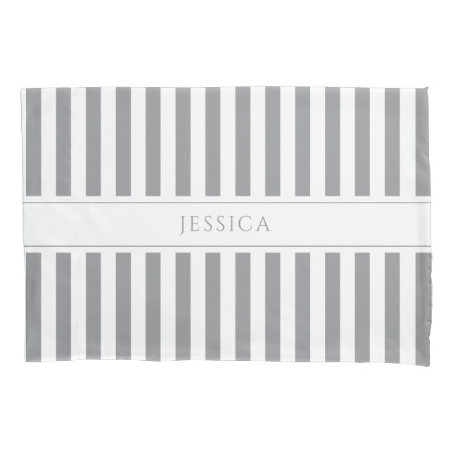 Grey & White Striped Farmhouse Pattern Name Pillow Pillowcase (Front)