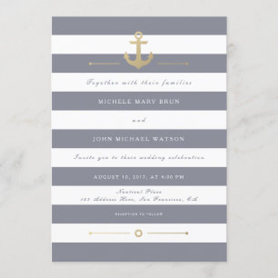 Grey White Striped Nautical Wedding Invitation
