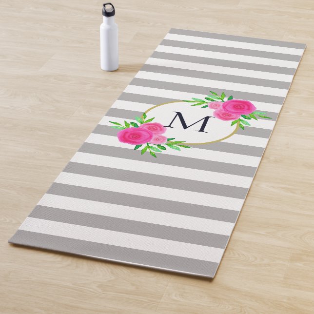 Grey White Stripes Chic Hot Pink Floral Monogram Yoga Mat (In Situ)