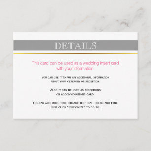 Grey white stripes gold, pink wedding insert card