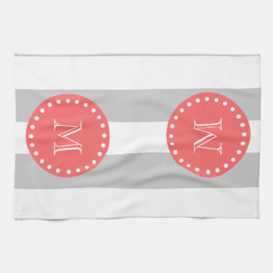 Grey White Stripes Pattern, Coral Monogram Tea Towel