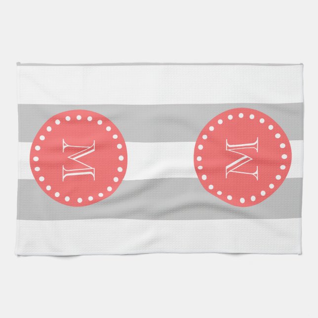 Grey White Stripes Pattern, Coral Monogram Tea Towel (Horizontal)