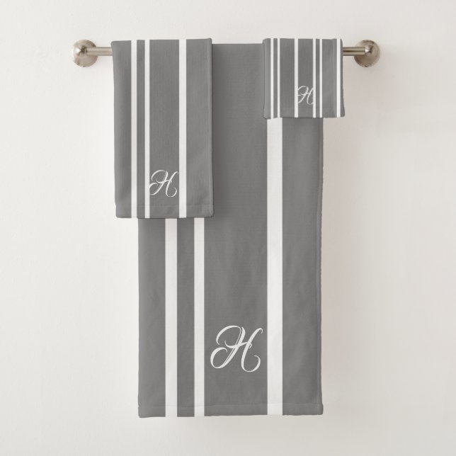 Grey & White Stripes Pattern Monogram Bath Towel Set (Insitu)