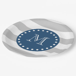 Grey White Stripes Pattern, Navy Blue Monogram Paper Plate