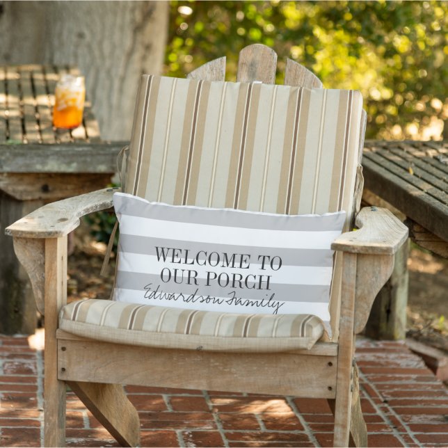 Grey white stripes welcome porch family name lumbar cushion (Chair)