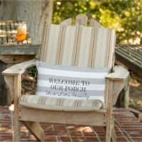 Grey white stripes welcome porch family name