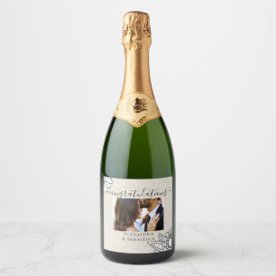 Grey White Tan Floral Congratulations Wedding Sparkling Wine Label