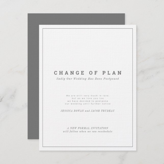 Grey white text postponed change of wedding plan invitation (Front/Back)