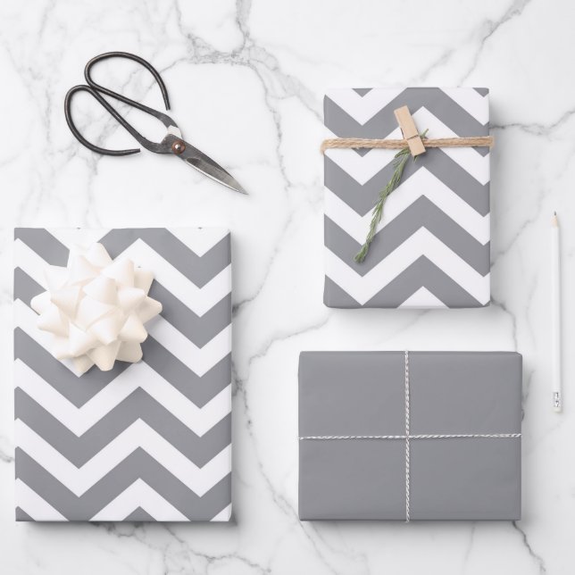 Grey & White Thick Chevron Wedding Birthday V2 Wrapping Paper Sheet (Front)