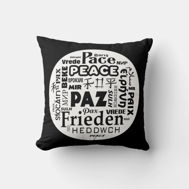 Grey/white throw cushion/peace in multi-languages cushion (Front)