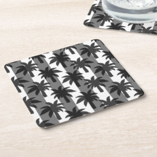 Grey White Tropical Palm Trees Stripes Design  Square Paper Coaster