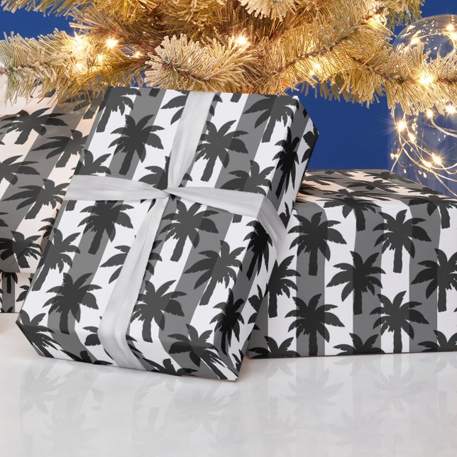 Grey White Tropical Palm Trees Stripes Design  Wrapping Paper (Creator Uploaded)