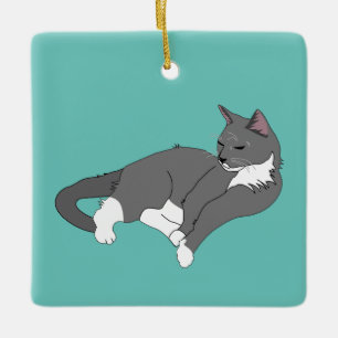 Grey & White Tuxedo Cat Ceramic Ornament