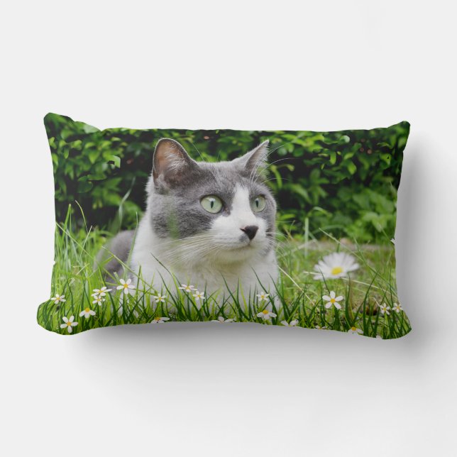 Grey & White Tuxedo Cat & Flowers Lumbar Cushion (Front)