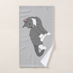 Grey & White Tuxedo Cat Hand Towel