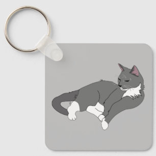 Grey & White Tuxedo Cat Key Ring