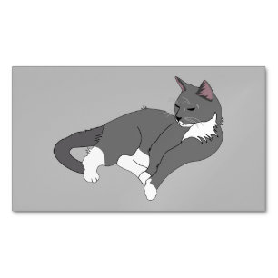 Grey & White Tuxedo Cat Magnetic Business Card