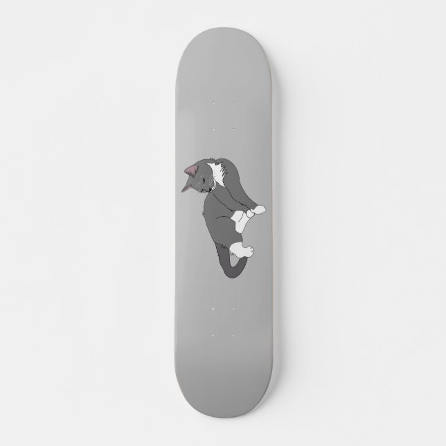 Grey & White Tuxedo Cat Skateboard (Front)