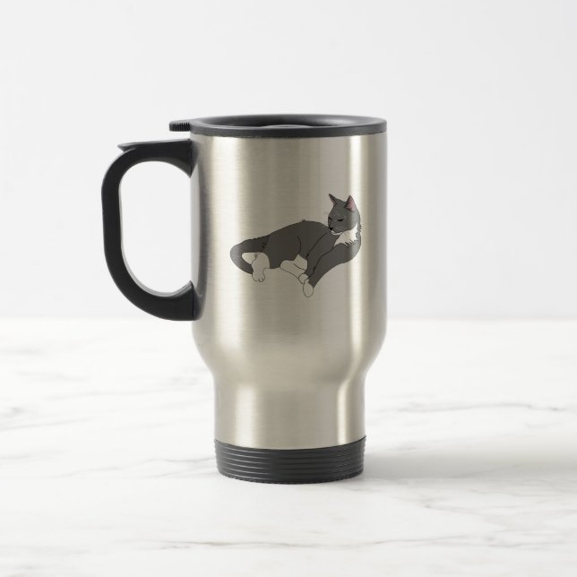 Grey & White Tuxedo Cat Travel Mug (Left)