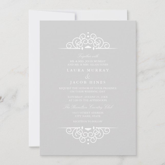 Grey & White Vintage scroll Wedding Invitation (Front)