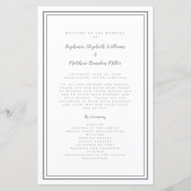 Grey & White Wedding Script Chic Ceremony Program (Front)