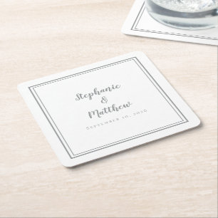 Grey White Wedding Simple Modern Minimalist Party Square Paper Coaster