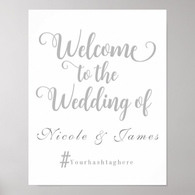 Grey & White Wedding Welcome Hashtag Wedding Sign (Front)