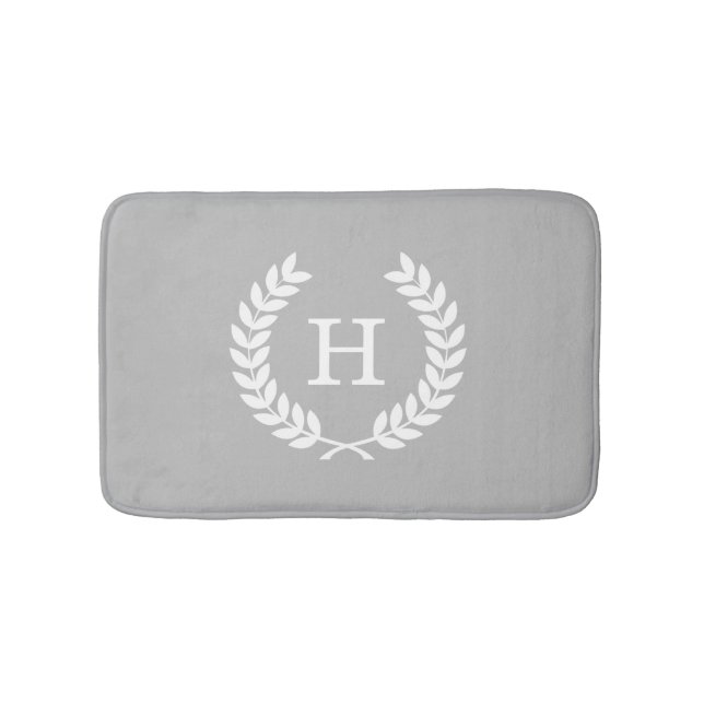 Grey White Wheat Laurel Wreath Initial Monogram Bath Mat (Front)