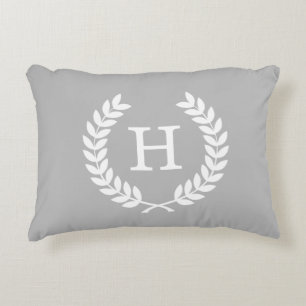 Grey White Wheat Laurel Wreath Initial Monogram Decorative Cushion