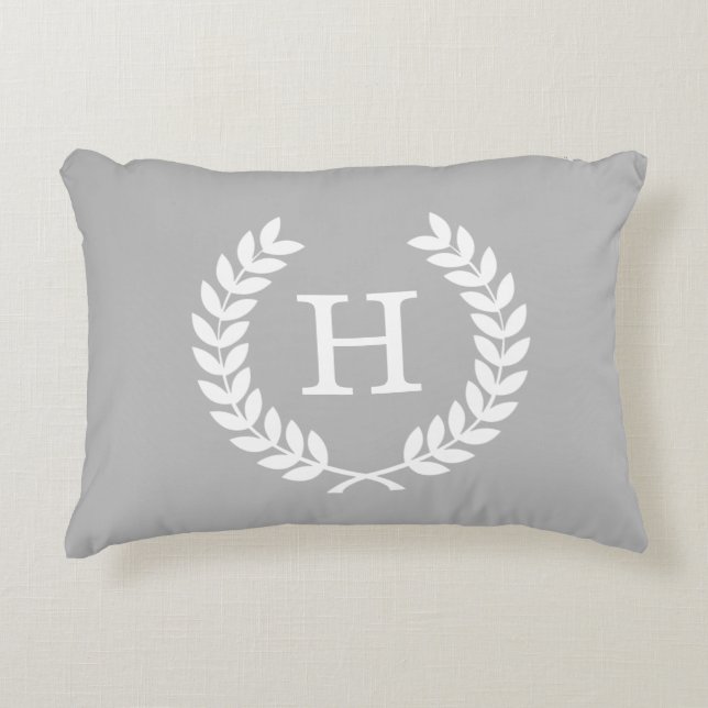 Grey White Wheat Laurel Wreath Initial Monogram Decorative Cushion (Front)