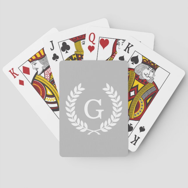 Grey White Wheat Laurel Wreath Initial Monogram Playing Cards (Back)