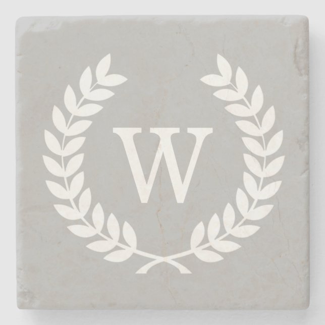 Grey White Wheat Laurel Wreath Initial Monogram Stone Coaster (Front)