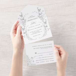 Grey & White Wildflower Silhouette Wreath Wedding All In One Invitation