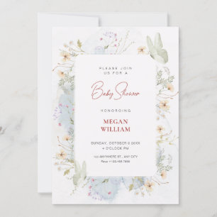 Grey white wildflowers watercolor baby shower invitation