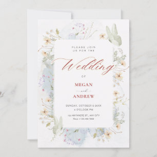 Grey white wildflowers watercolor wedding invitation