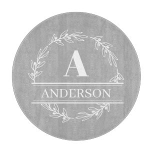 Grey White Wreath Family Name Monogram Cutting Board
