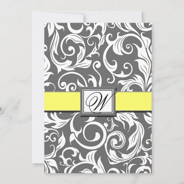 Grey White & Yellow Damask Wedding Invitations (Front)