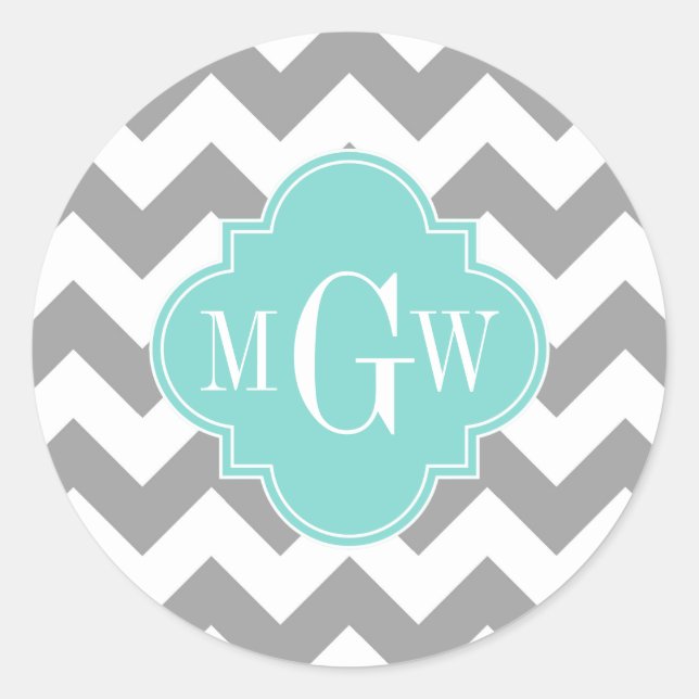 Grey Wht Chevron Aqua Quatrefoil 3 Monogram Classic Round Sticker (Front)