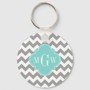 Grey Wht Chevron Aqua Quatrefoil 3 Monogram Key Ring