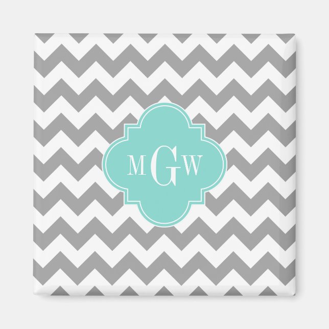 Grey Wht Chevron Aqua Quatrefoil 3 Monogram Magnet (Front)
