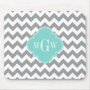 Grey Wht Chevron Aqua Quatrefoil 3 Monogram Mouse Pad