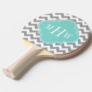 Grey Wht Chevron Aqua Quatrefoil 3 Monogram Ping Pong Paddle