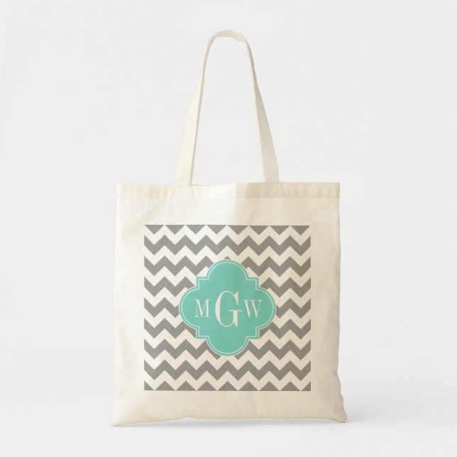 Grey Wht Chevron Aqua Quatrefoil 3 Monogram Tote Bag (Front)