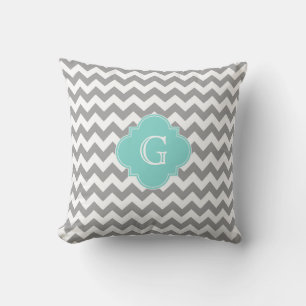 Grey Wht Chevron Aqua Quatrefoil Monogram Cushion