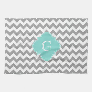 Grey Wht Chevron Aqua Quatrefoil Monogram Tea Towel