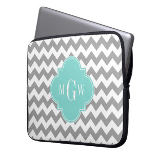 Grey Wht Chevron Aqua Turq Quatrefoil 3 Monogram Laptop Sleeve