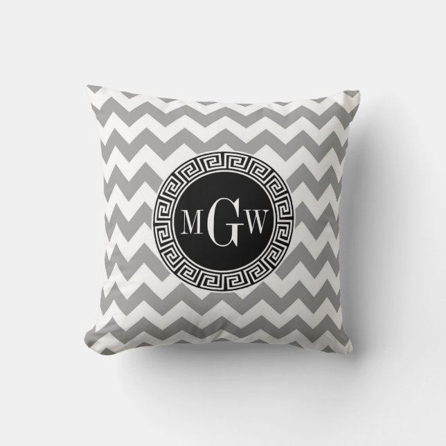 Grey Wht Chevron Black Greek Key 3 Monogram Cushion (Front)