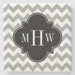 Grey Wht Chevron Black Quatrefoil 3 Monogram Stone Coaster